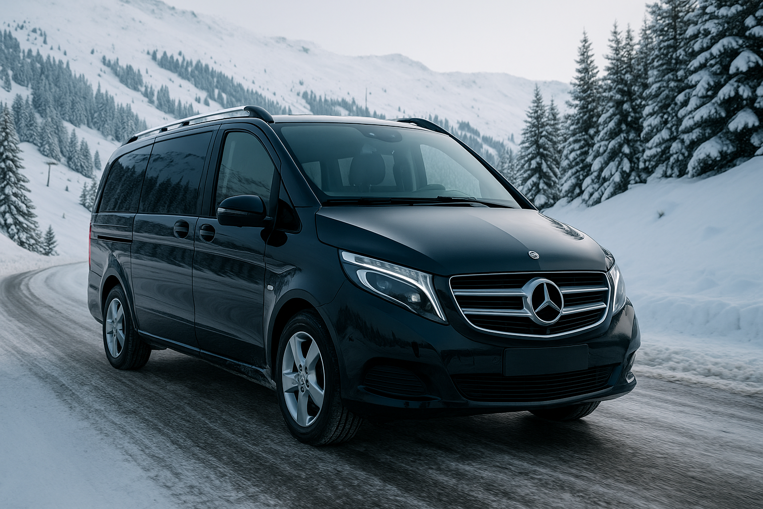 Mercedes Classe V sur route enneigée en Savoie